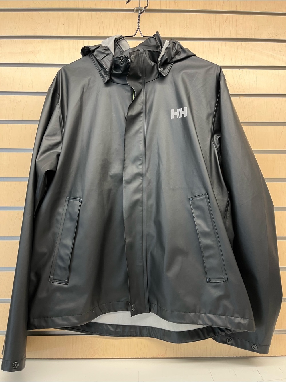 Helly Hansen Matte Black Hooded Raincoat for teen. Size 16